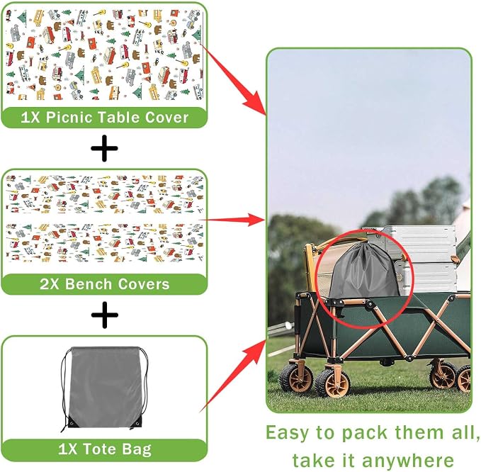 Picnic Table Cover with Bench Covers and Bag, Camping Rv Essentials, Waterproof Windproof Fabric, Fitted Tablecloth Cover with Elastic Edge, 3 PCS, 30x72 Inch, White