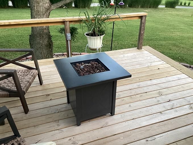 R.W.FLAME 28'' Propane Fire Pit Table, 40,000 BTU, Portable, with Lava Racks, Lid, Rain Cover, Smokeless for Outside Paito/Garden/Backyard