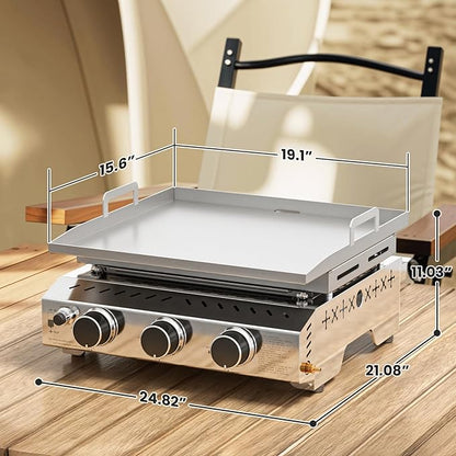 WAA 24000BTU Portable Propane Griddle, Tabletop Portable Propane Gas Grill with 3 Burners, Stainless Steel Flat Top Grill, Outdoor Cooking for Tailgating, Camping, RVs, BBQ, Patio, Silver