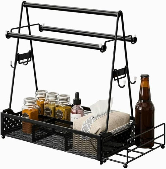 Grill caddy, BBQ Caddy Organizer with Paper Towel Holder, Black Metal Grill Accessory Rack, Kitchen Condiment Storage Basket with Utensil Holder