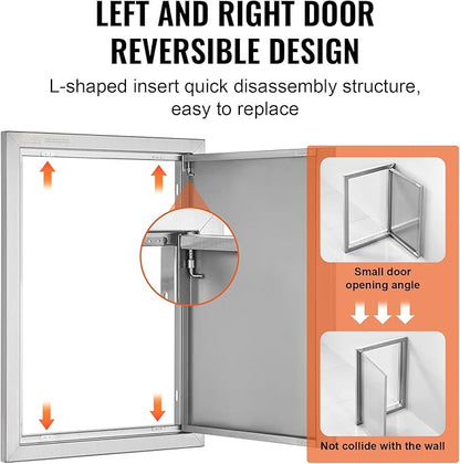 VEVOR BBQ Access Door, 17W x 24H Inch Single Outdoor Kitchen Door, Stainless Steel Flush Mount Door, Wall Vertical Door with Recessed Handle, for BBQ Island, Grilling Station, Outside Cabinet