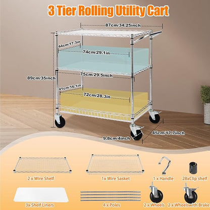 3-Tier Rolling Cart, Utility Metal Wire Cart, 30" D x 18" W x 35" H | 4'' Locking Wheels, Adjustable Shelves, 661 LBS Capacity, Complying with NSF, Heavy Duty, For Home Kitchen Garage Office