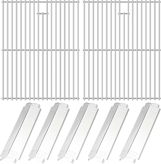 Uniflasy Parts for Nexgrill 720-0830H, 720-0888/720-0888N, Cuisinart CGG-7400 – 17" Stainless Steel Cooking Grates (2 Pack) + Heat Plates/Flame Tamers (5 Pack) for Nexgrill Replacement Parts