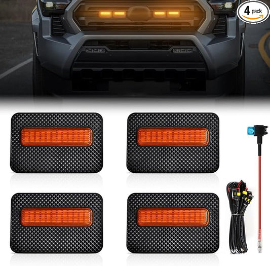 Amber LED Grille Lights for Tacoma SR SR5 2024 2025, 4Pcs Front Grill Light Kit with Wire Harness and Fuse