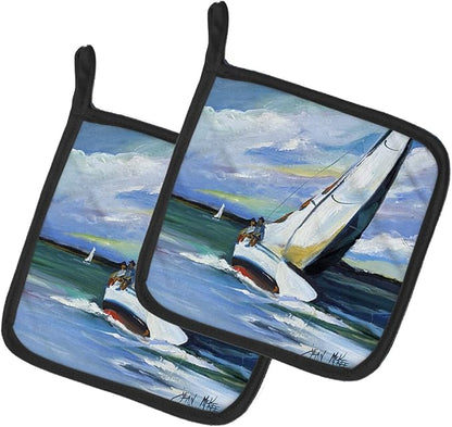 Caroline's Treasures JMK1232PTHD Two and a Sailboat Pair of Pot Holders Kitchen Heat Resistant Pot Holders Sets Oven Hot Pads for Cooking Baking BBQ, 7 1/2 x 7 1/2