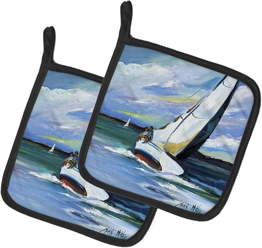 Caroline's Treasures JMK1232PTHD Two and a Sailboat Pair of Pot Holders Kitchen Heat Resistant Pot Holders Sets Oven Hot Pads for Cooking Baking BBQ, 7 1/2 x 7 1/2