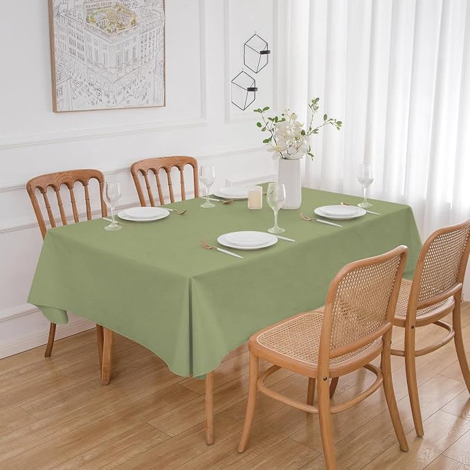NLMUVW Vinyl Tablecloth with Flannel Backing 96 Inch, Olive Green PVC Table Cloth Waterproof Wipe Clean Table Cover for Dining Party Camping Outdoor, 60 X 96 Inch