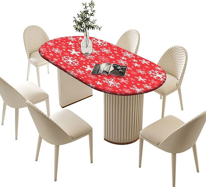Christmas Elastic Fitted Tablecloths, White Snowflakes on Red Background Oval Table Covers, Fits Oval Tables up to 60" x 84", Polyester Table Cloth Wrinkle Resistant Decor Indoor Family Banquet Use