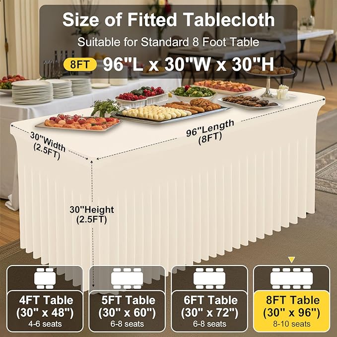 Smiry 2 Pack Spandex Elastic Fitted Table Cloth Skirt for 8FT Table | Stretch Washable Table Cloth, Banquet Table Cover for Wedding, Party, Indoor & Trade Shows, (Beige, 96Lx30Wx30H)