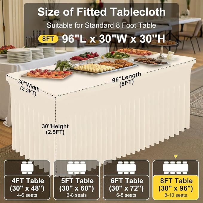 Smiry Spandex Elastic Fitted Table Cloth Skirt for 8FT Rectangle Table | Stretch Washable Table Cloth, Banquet Table Cover for Wedding, Party, Indoor & Trade Shows, (Beige, 96Lx30Wx30H)