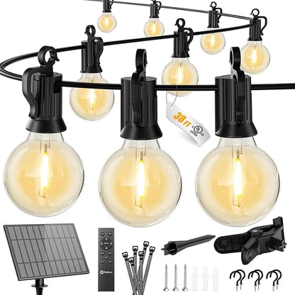 Brightown 38FT 16LED Solar String Lights Outdoor with Remote & USB Port, Shatterproof Bulbs, Dimmable & Timable, 3 Modes, Patio Lights Solar Powered with Mount Clips for Camping Backyard Garden Decor