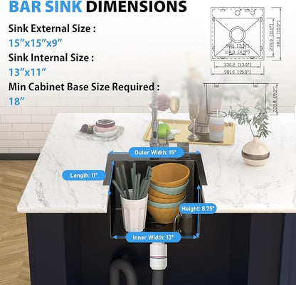 15 In Gunmetal Black Drop Bar Sink 15 x 15 Inch Kitchen Sink 18 Gauge Stainless Steel Single Bowl Topmount Handmade Sink for Outdoor, RV, 15x15x9