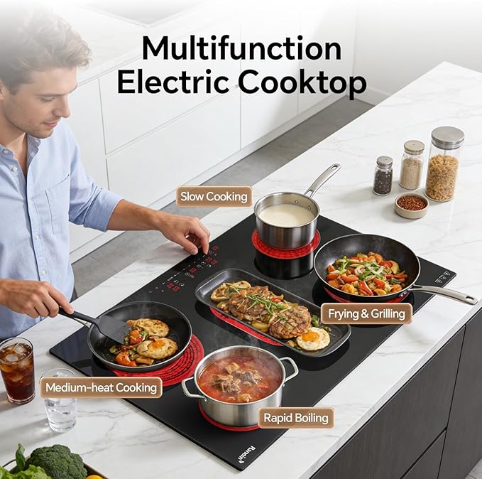 Ranein 30 Inch 5 Burner Electric Cooktop, Max 8800W 240V Ceramic Panel Built-in Electric Stove Top, with Child Safety Lock, Timer, Over-Temperature Protection