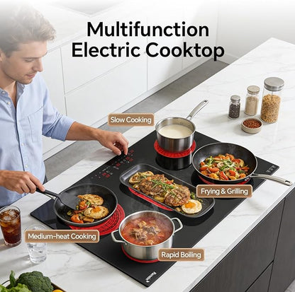 Ranein 30 Inch 5 Burner Electric Cooktop, Max 8800W 240V Ceramic Panel Built-in Electric Stove Top, with Child Safety Lock, Timer, Over-Temperature Protection