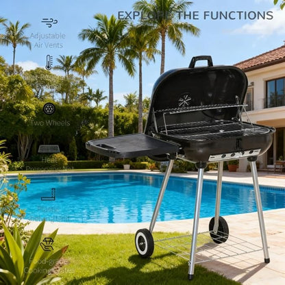 Portable Charcoal Grill with Wheels, Outdoor BBQ Grill & Smoker Combo, Large Camping Charcoal Grills for Backyard, Asador de Carbon con Ruedas, Parrilla de Carbon Portatil,A5