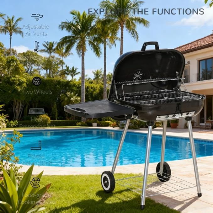 Portable Camping Charcoal BBQ Grill with 2 Burners, Outdoor Grills & Smokers for Backyard Barbecue, Large Charcoal Grill with Offset Smoker Combo, Barrel Style Charcoal Grills for Cooking,A5