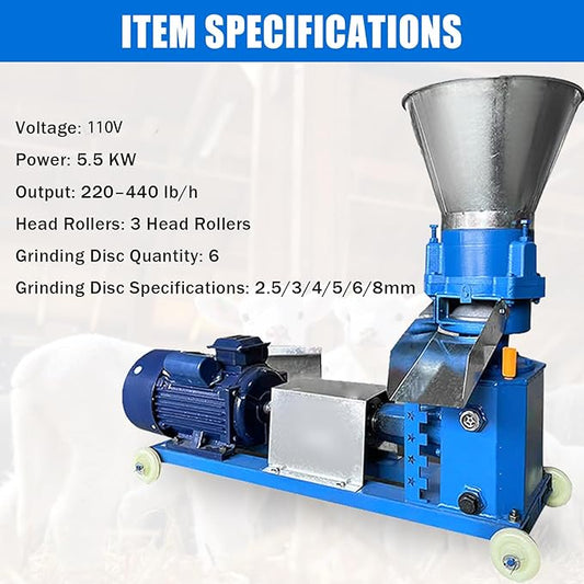 110V Feed Pellet Mill Machine 3 Head Rollers Pellet Maker Machine for Poultry Livestock Farm Animal 2.5/3/4/5/6/8mm Grinding Discs, Air Switch, Splash Plate, 220-440 lb/h, 5.5KW 60HZ