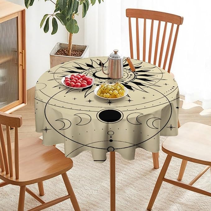 Vintage Tarot Moon Sun Round Tablecloth Moon Phase Star Galaxy Space Esoteric Astrology Table Cloth Water Resistant Wipeable Table Cover for Farmhouse Picnic Party Holiday Kitchen Dinner Table 70"