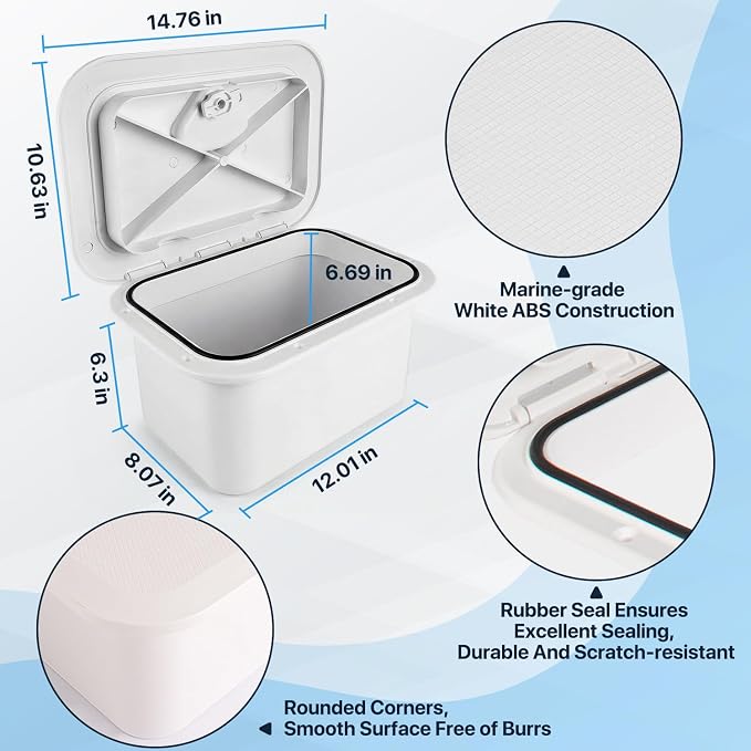 Marine Deck Storage Box with Latch, Thickened ABS Boat Embedded Storage Box, 180° Deck Hatch Lid Opening & 270° Rotating Latch, Marine Boat Tool Box for Bass, Pontoon, Center Console, Yacht, Car, Home
