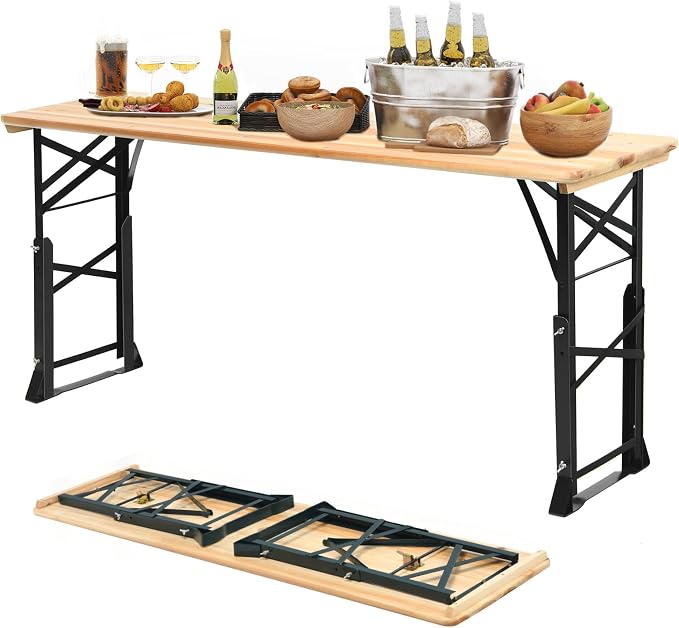 5.5FT Folding Picnic Beer Table, Outdoor Camping Table with Umbrella Hole & 2 Adjustable Heights, Heavy Duty Metal Frame & Solid Wood Top, Portable Picnic Table for Patio, Garden, Backyard