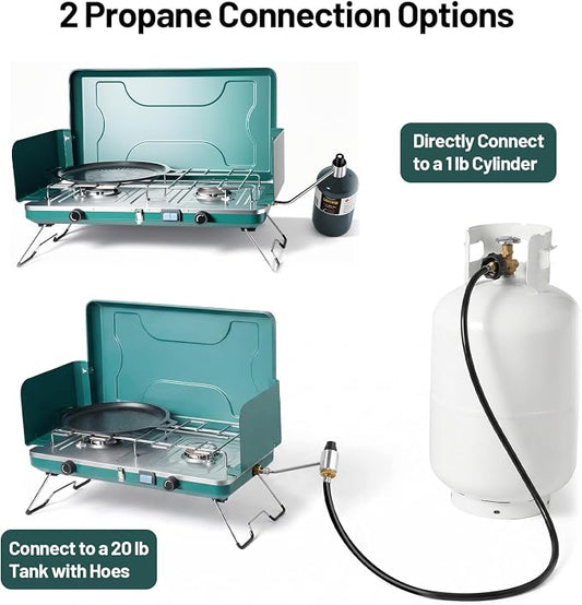 2 Burner Propane Stove, 20000BTU Portable Camping Stove with 2 Adjustable Burner and Wind Guards, Camping Cooktop with Ignition & Griddle for Camping,Tailgating, BBQ, Grilling,Outdoor Gear