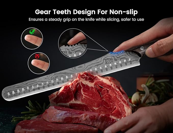 SYOKAMI Brisket Slicing Knife, 12 Inch Multifunction Carving Knife for Meat Cutting, Japanese Style Meat Slicer with Wood Full Tang Handle, Damascus Pattern Long Slicing for Roast Beef, Ideal for Gift