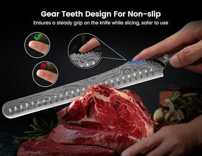SYOKAMI Brisket Slicing Knife, 12 Inch Multifunction Carving Knife for Meat Cutting, Japanese Style Meat Slicer with Wood Full Tang Handle, Damascus Pattern Long Slicing for Roast Beef, Ideal for Gift