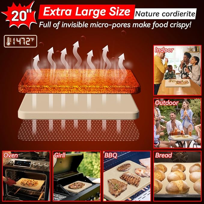 Gyreuni 20''Pizza Stone for Oven and Grill with Pizza Peel, Brush,Cutter | 20inch Large baking stone for ovens and grills, distributes heat evenly to create crispy crust.for family meals,backyard BBQ