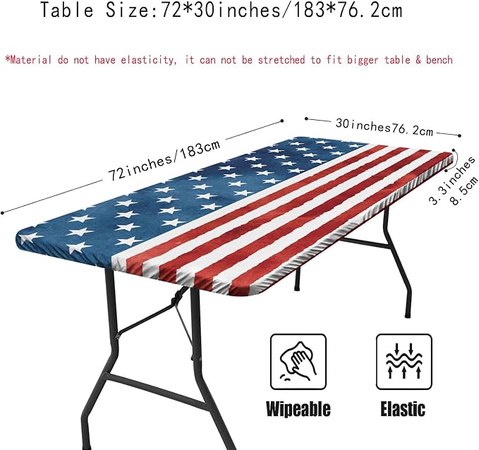 Irisbell Picnic Table Cover with Elastic Edge,6FT Wind Proof Wrinkleproof Fitted Tablecloth Cover Camping Beach Patio Rectangle Table Cloth for Indoor Outdoor (American Flag-1, 30'' x 72'')