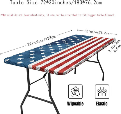 Irisbell Picnic Table Cover with Elastic Edge,6FT Wind Proof Wrinkleproof Fitted Tablecloth Cover Camping Beach Patio Rectangle Table Cloth for Indoor Outdoor (American Flag-1, 30'' x 72'')
