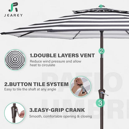 JEAREY 9' 2-Tiers Patio Umbrellas Outdoor Table Market Umbrella w/Push Button Tilt/Crank, 8 Sturdy Ribs, UV Protection Waterproof Sunproof(Black Striped)