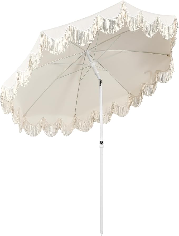 JONATHAN Y Mariner 6.5 ft. Solid Fringe Beach Umbrella, Cream | Push-Button Tilt, UV 50 Protection, Matching Carry Bag, White Iron Pole, Wind Vent, Scalloped Round Canopy