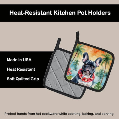 Caroline's Treasures French Bulldog Luau Pair of Pot Holders Kitchen Heat Resistant Pot Holders Sets Oven Hot Pads for Cooking Baking BBQ, 7 1/2 x 7 1/2