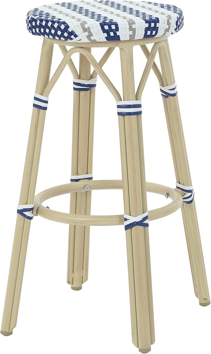 Seadrift Boho 30-inch Aluminum and All-Weather Wicker Barstools with Footrest, Patio Stools & Bar Chairs for Outdoor, Kitchen Counter, Poolside, Yard, Set of 2, Navy Blue and White