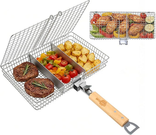 WILLBBQ Grill Basket Set for Camping Outdoor BBQ, Includes 2 Sizes, Removable Divider, Basting Brush, Folding Portable Wooden Handles, Stainless Steel Fish Grilling Veggie Meat Baskets (Silver)