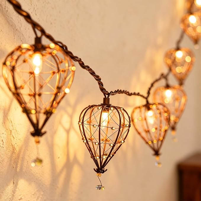 Outdoor Decorative String Lights, Beaded Copper Wire Teardrop Lantern String Lights, Incandescent Patio String Lights Plug in for Outside, Connectable Weatherproof for Home Pergola Bedroom Porch Party