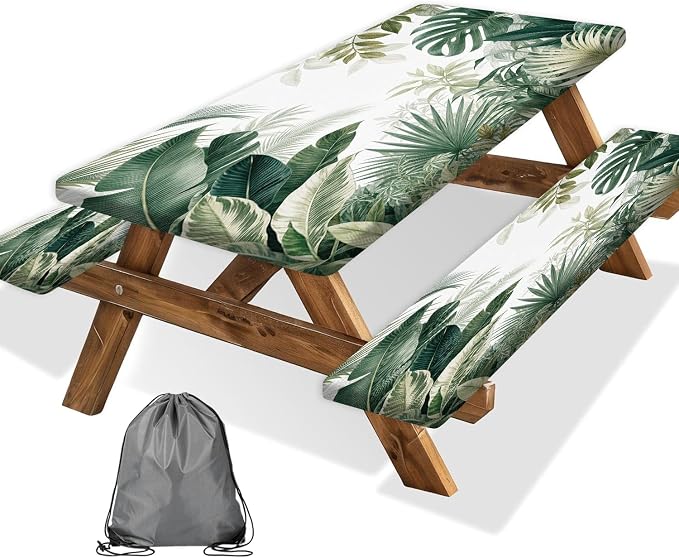 JAWO Picnic Table Cover with Bench Covers and Bag, Tropical Plant Leaves Rv Essentials, Waterproof Windproof Fabric, Fitted Tablecloth Cover with Elastic Edge, 3 PCS, 30x60 Inch