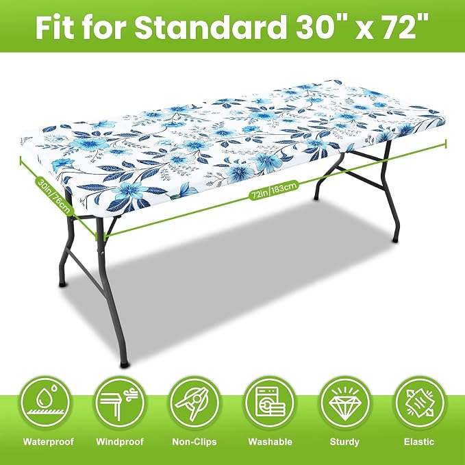 Smiry Spandex Fitted Tablecloth for 6 Foot Rectangle Tables, Washable Picnic Table Cover with Elastic, Stretch Reusable Table Cloth for Outdoor, Camping, Dining & Kitchen (Blue Flower, 30"x72")