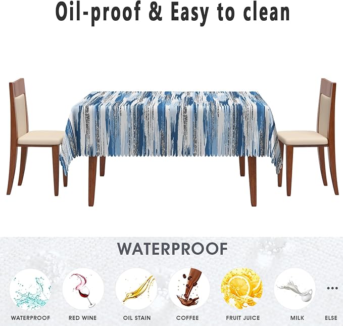 Abstract Striped Rectangle Tablecloth 70x140 Inch Blue and White Old Texture Grunge Stripes Vintage Mosaic Dust-Proof Table Cover Protector for Home Kitchen Restaurant Picnic Camping BBQ