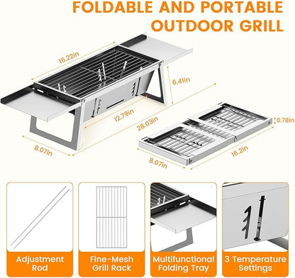 Foldable Stainless Steel Charcoal Grill, Ultra-Portable Mini BBQ Grill with Adjustable Heat, Tabletop Barbecue Grill for Camping, Picnic, Backyard, Terrace & Travel