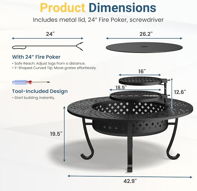 3 in 1 43" Large Fire Pit for Outside Wood Burning with 2 Adjustable Grills | Outdoor Fireplace with Lid and Fire Poker, Firepit with BBQ & Bonfire & Round Metal Table for Patio, Backyard, Deck, Yard