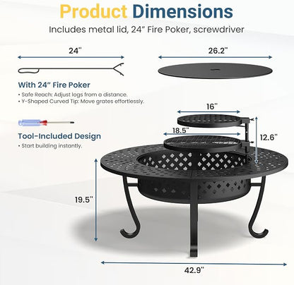 3 in 1 43" Large Fire Pit for Outside Wood Burning with 2 Adjustable Grills | Outdoor Fireplace with Lid and Fire Poker, Firepit with BBQ & Bonfire & Round Metal Table for Patio, Backyard, Deck, Yard