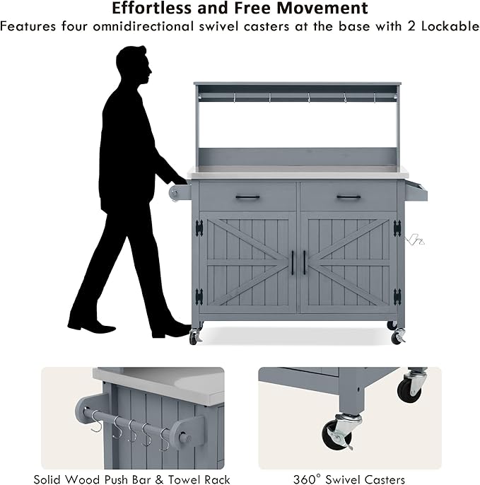 Outdoor Kitchen Island with High Shelf, 53.2" Potting Bench Table with Stainless Steel Top, Storage Cabinet & Lockable Wheels, Solid Wood Grill Cart for BBQ Garden