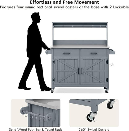 LUMISOL Grill Cart with Stainless Steel Top & High Shelf, Outdoor Solid Wood Kitchen Island with Lockable Wheels, Large Potting Bench Table with Storage Cabinet & Towel Rack, Grey+Blue