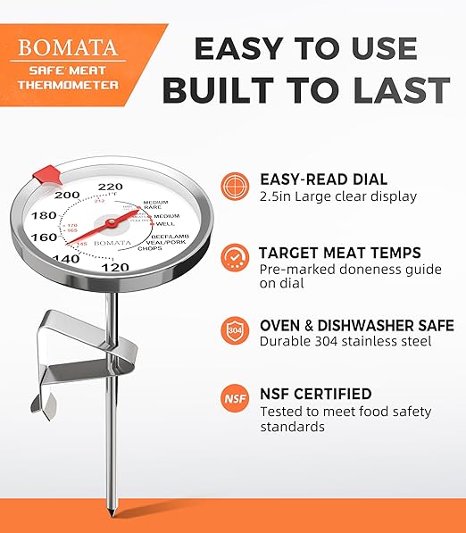 BOMATA Stainless Steel Meat Thermometer Oven Safe, Leave in Probe Food Thermometer with 2.5-in Extra-Large Dial, IPX8 Waterproof, NSF Certified, for Cooking, Steak, Chicken, Turkey, Beef, Pork, Lamb