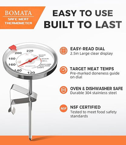 BOMATA Stainless Steel Meat Thermometer Oven Safe, Leave in Probe Food Thermometer with 2.5-in Extra-Large Dial, IPX8 Waterproof, NSF Certified, for Cooking, Steak, Chicken, Turkey, Beef, Pork, Lamb