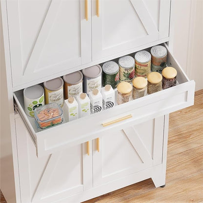 COFaR 71'' Tall Metal Pantry Cabinet with Drawer, Kitchen Storage Cabinet with 4 Doors and Shelves, Freestanding Farmhouse Food Cupboard for Kitchen Dinning Room Garage, White 6-Tier