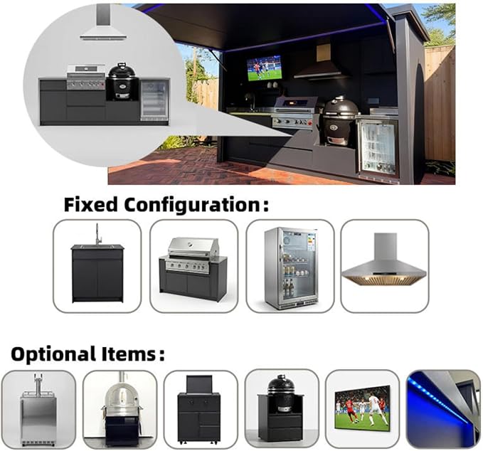 Stainless Steel Modular Outdoor Kitchen Units | Weatherproof Kitchen Island with 4-Burner, BBQ Grill, Fridge, Sink, Cooktop, Bar Counter & Canopy, Ideal for Outdoor Living