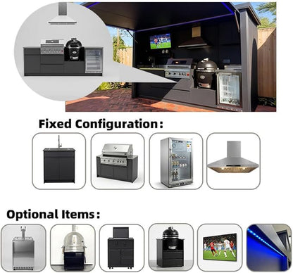 Modular Stainless Steel Outdoor Kitchen, Outdoor Cooking Station with Grill, Oven, Refrigerator, Sink and Bar Counter, Equipped with Automatic Lift Door & LED Lighting for Backyard Patio Garden