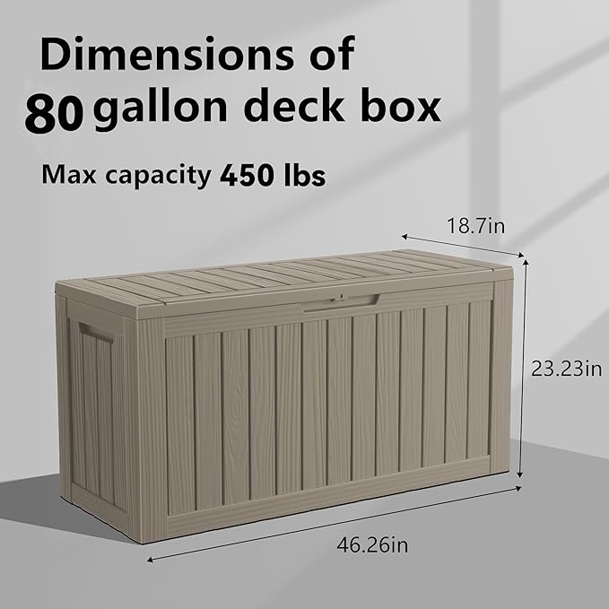 PatioZen 80 Gallon Resin Deck Box, Lockable Outdoor Storage Box for Patio Cushions Storage Furniture,Garden Tools, Pool Supplies, Weatherproof and UV Resistant (Grey)